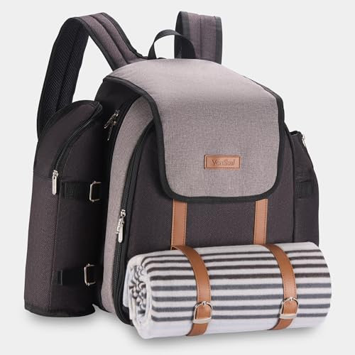 VonShef Picnic Backpack, 4 Person Grey Picnic Bag with Full Dining & Cutlery Set, Insulated Cooler Compartment & Large Waterproof Picnic Blanket, Lightweight Water Resistant Camping Accessories