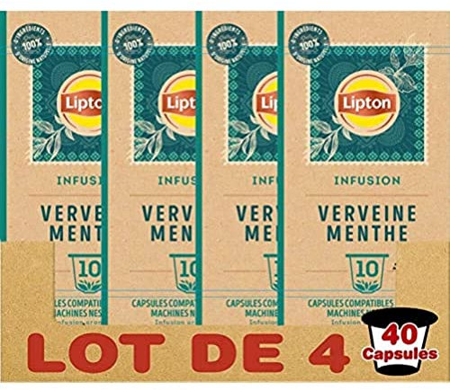 Lipton Infusion Verveine Menthe 40 Capsules Compatibles Nespresso, Anti-stress, Parfum Savoureux de Menthe, Label Rainforest Alliance (Lot de 4x10 capsules)