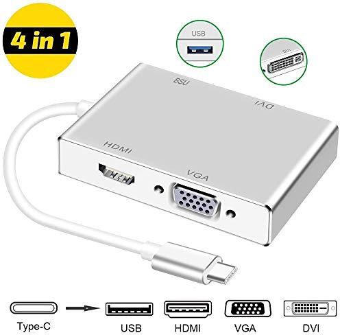 Faersi Adaptateur 4K Type C Vers HDMI, USB-C 3.1 Vers DVI VGA USB 3.0 Hub Multiport Compatible Avec MacBook/MacBook Pro/Chromebook Pixel/Samsung Galaxy S8/S8 Plus Pour HDTV/Moniteur/Projecteur