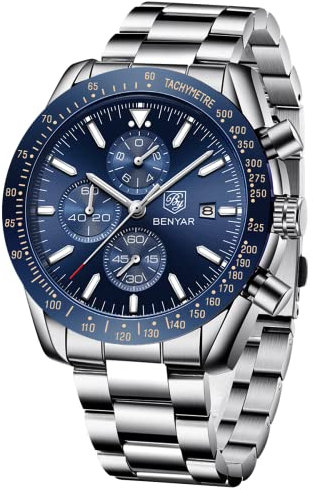BENYAR Uhren Herren Chronograph Analog Quarz Armbanduhr Herren Wasserdicht Leuchtende Datum Edelstahl Armband Herrenuhr Mode Lässig Sport Business-Kleid Uhren fur Männer Elegantes Geschenk