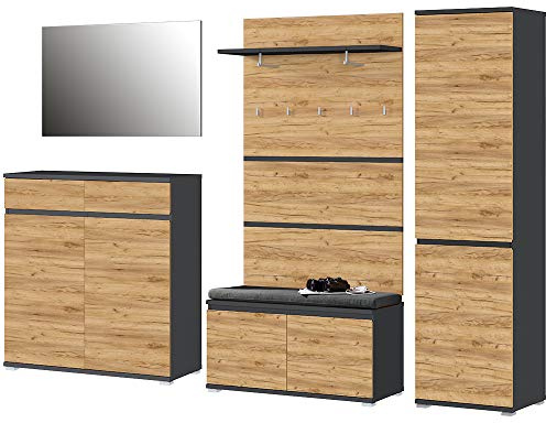 Germania 6-TLG. Garderoben-Set 8797-562 GW-Lissabon, bestehend aus Schuhschrank, Spiegel, Schuhbank, Sitzkissen, Garderobenpaneel und Garderobenschrank, im Dekor Anthrazit/Navarra-Eiche-Nb.