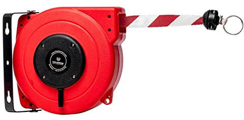 Flexibarrier Rouleau de barrière de sécurité (18 m) - Sangle haute performance (rouge/blanc) - Bande de délimitation rétractable - Support mural avec sangle