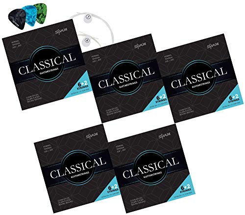 Shaman Gitarrensaiten für Konzertgitarre - 5 Satz Premium Nylon Saiten für klassische Gitarre und Akustikgitarre - 6+2 Saiten-Set inklusive 3 Plektren, D-Saite und extra hohe E-Saite