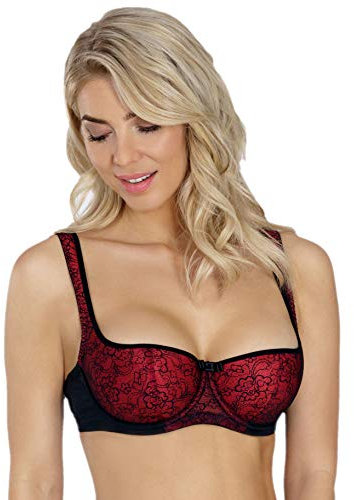 Rosme Women's Balconette Bra with Push Up Effect – Plus Size Sexy Lace Demi Half Cup Bra – Lightly Padded Underwired Low Cut Mesh Design Grand, Red, Size 38FF