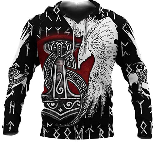 WDBAYXH Viking Thors Hammer Odins Raven Triple Horn Runes 3D-Druck Pullover mit Durchgehendem Reißverschluss, Unisex Langarm Big Pockets Kordelzug Nordic Celtic Pagan Sweatshirt