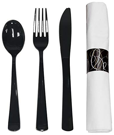 Party Essentials Party Supplies Wrapped Silverware Set Disposable, Pre Rolled Napkin and Cutlery, Spoons/Forks/Knives Black, 50 Units