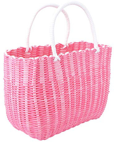 Cabilock Einkaufskorb Tragbar Gewebter Kunststoff Korb Geflochten Damen Shopper Einkaufstasche Picknickkorb Strandtasche Henkelkorb Tragekorb Gemüse Obst Aufbewahrungskorb mit Kurz Griff Rosa