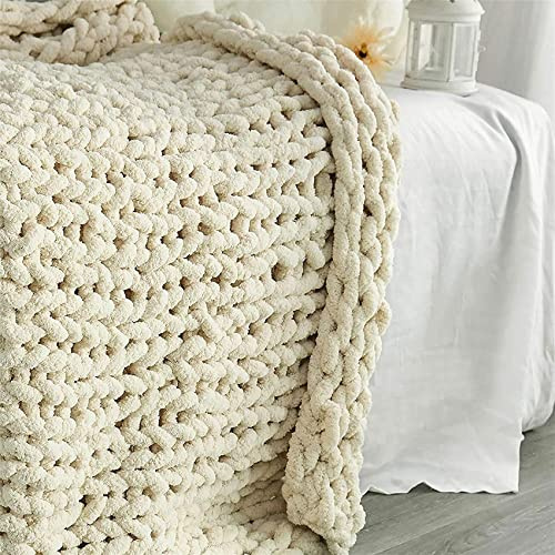 Riyueyi Manta de Punto Grueso Manta de Punto Suave de Chenilla Manta de Punto Grueso Hecha a Mano Manta Gruesa de Ganchillo para sofá, sofá, Cama,Beige,60x80cm/23x31in
