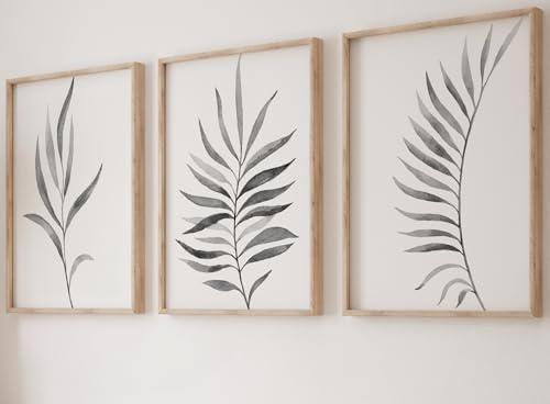 Eviepops Prints Grey Ferns Botanical Leaves Set of 3 Unframed Prints, Abstract Tropical Plant Decor, Living Room Bedroom Bathroom Wall Art Poster Home Decor, Plant Leaves (A3)