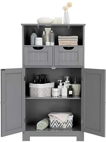 COSTWAY Bathroom Storage Cabinet, Freestanding Storage Organizer with 2 Drawers & Adjustable Shelf, Wooden Floor Cabinet for Living Room, Bedroom, Kitchen, Entryway (Gray)