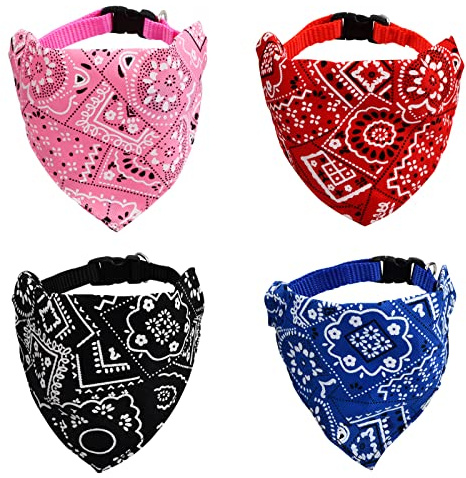 Focenat 4Pcs Bandanas pour Chien, Collier Bandana de Mode, Foulards Triangle Bavoirs Réglables pour Petit Moyen Grand Chiens Chats Chiot (Rouge, Bleu, Noir, Rose) (S)