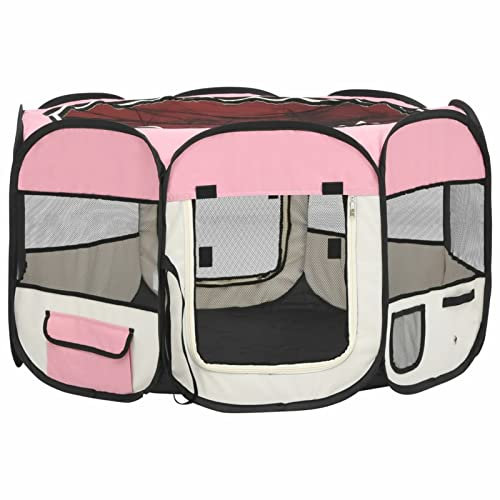 XIAOGUANG Faltbarer Welpenlaufstall mit Tragetasche, Welpenlaufstall, Laufstall Hund, Hundelaufstall, Hundepark, Katzengehege, Hundezelt, Auslauf Für Hunde, Rosa 110x110x58 cm