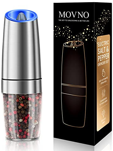 Gravity Electric Salt and Pepper Grinder Set, Battery Powered LED Light One Hand Automatic Operation, Adjustable Coarseness Mill Grinders Shakers Black (G.Silver 1p)