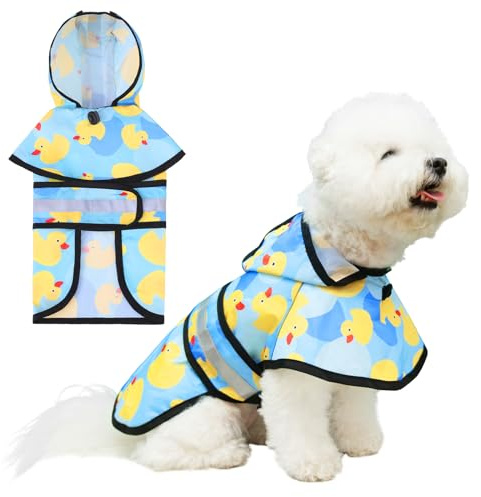 KOOLTAIL Hunde-Regenmantel mit Kapuze und Loch für die Leine, Regenmantel für kleine und mittelgroße Hunde, wasserdichte Hunde-Regenjacke mit reflektierenden Streifen, verstellbar, atmungsaktiv