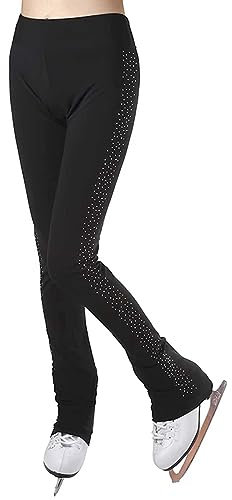 Mädchen Damen Eiskunstlaufhose mit Strasssteinen Schlittschuhhose Fleecefutter Rollkunstlauf Strumpfhose Leggings