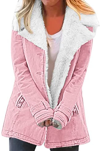 Jacke Damen Warm Fleecejacke Lang Elegant Parka Mantel Flauschig Fleece Winterjacke Mode Revers Plüschjacke Baumwolle Einfarbig Wintermantel Herbst Winter Casual Übergangsjacke Outwear 2023 Parka