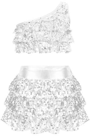 Freebily Vestido Lentejuelas de Baile para Niña Crop Top de Danza y Falda con Volante Maillot de Gimnasia Patinaje Artístico Competición Traje de Baile Latino Jazz Plateado B 5-6 años