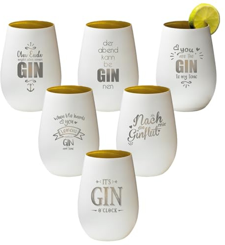 4youDesign 6-er Set Gin Tonic Glas mit Sprüchen – Geschenk für Männer, Frauen zum Muttertag oder Vatertag – Tumbler-Party-Glas aus Kristallglas – sehr bruchsicher – Weiß-Gold – 465ml