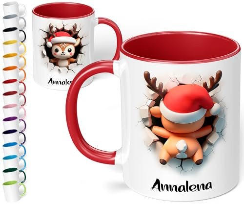 True Statements 3d Weihnachtstasse mit Namen für Kinder personalisiert „Rentier mit roter Mütze“ 330ml Keramik Tasse Mädchen Junge – Geschenk zu Weihnachten (Rot)