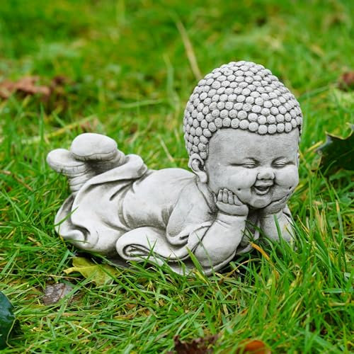 Burgess Home & Garden Statue de bébé Bouddha en pierre | Moine de jardin extérieur Décoration Ornement Zen couché couché Bouddha incliné, BUD56