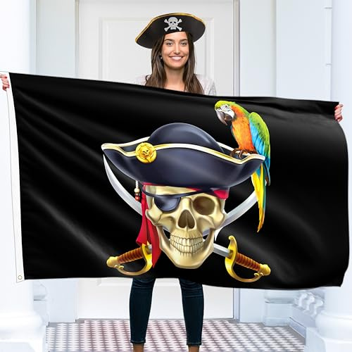 Drapeau de pirate 90 x 150 cm avec œillets - Grand drapeau pirate pour enfants - Impression numérique vivante - Drapeau de pirate - Drapeau Jolly Roger - Double couture