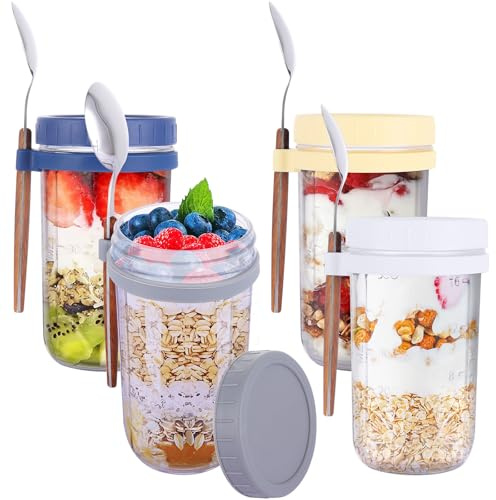 LDXDRU 4 Pack 600ml / 20oz Glass Overnight Oats Jar with Lids, Breakfast Pots with Spoon, Overnight Oats Container Breakfast Container for Cereal Milk Vegetable Fruit Salad Jam Yogurt