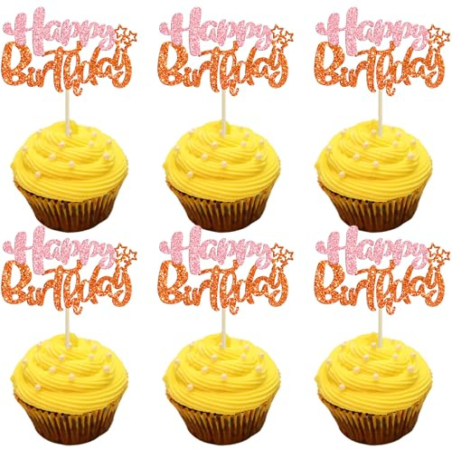 Ephlyn 24Pcs Happy Birthday Cupcake Toppers Double Layer Glitter Happy Birthday Cake Decorations for Celebrating Baby Shower Theme Kids Boys Girls Birthday Anniversary Party Supplies Pink Orange