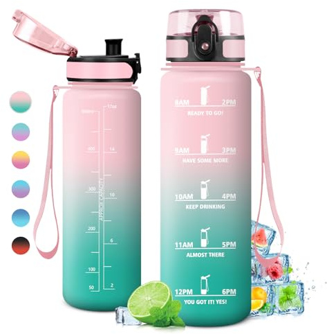 Gourde Sport 1L, Étanche et Réutilisable, Bouteille d'eau 1 Litre avec Marqueur de Temps et Filtre, Gourde, Bouteille pour Adulte, l'école, Cyclisme, Voyage, Camping, Fitness, Yoga, Bureau, Gym