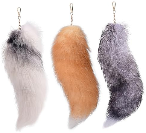 3 PCs Therian Tail, Halloween flauschige Fuchs -Fuchs -Schwanzschlüsselkette mit Verschluss Hanging Fox Tails Wolf Schwanz Kostüm für Frauen Erwachsene Handtasche Rucksack, Style 2