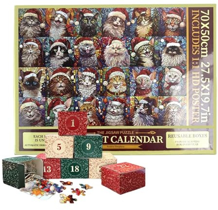 Nbbwwu Christmas Cat Jigsaw Calendar 2024, Christmas Vacations Advents Calendar 2024 1000 Pieces Cats Puzzles, Christmas Cats Jigsaw Toy For Kids Teens Adults
