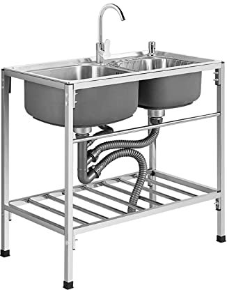 Estación de fregadero de cocina portátil de doble ranura para exteriores con grifo y escurridor, agua fría caliente, fácil de limpiar, colador de drenaje de superficie, lavabo de mano para camping y