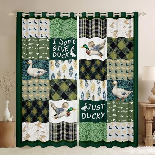 Manfei Mallard Duck Kids Blackout Curtain,Geometric Grids Arrows Patch Window Drapes for Boys Girls,Hunting Animal Wildlife Rustic Cabin Green Window Treatments Grommet Top 2 Panel Set,52Wx63L inch