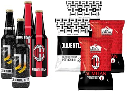 Bombeer PARTITA MILA.N VS JUVENTU.S 4 Bottiglie da 33cl + 4 Patatine da 25gr - 2 Bottiglie e 2 Patatine per Squadra - Birra Originale By Christian Vieri - Puro Malto Bottiglie di Vetro - Made in Italy