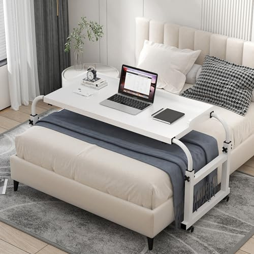 GLHKFBD Tavolino da Letto Colazione Tavolo Letto Regolabile e Portatile,Tavoli per computer mobili regolabili lunghi 45.28-82.68 con ruote scrivania portatile comoda per la lettura (Bianco)