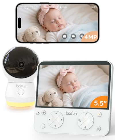 BOIFUN 5.5 Camara Vigilancia Bebe WiFi con App, 2.5K / 4MP, IA Inteligente | Detección Sueño Boca Abajo y Cara Cubierta, Visión Nocturna Invisible y Luz Nocturna Infantil, 360° Seguimiento Automático
