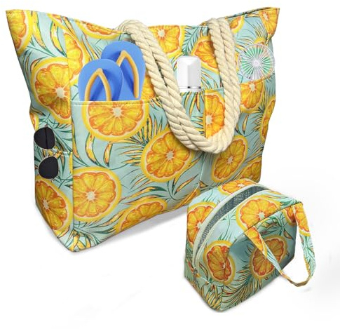 Sac de Plage xxl Extra Large Famille 50L avec Sac Isotherme Doux, Orange Cabas Plage Pliable et Léger avec Fermeture éclair, Multi-Poches, Grand sac Voyage Femme pour Vacances à Plage Pique-niques