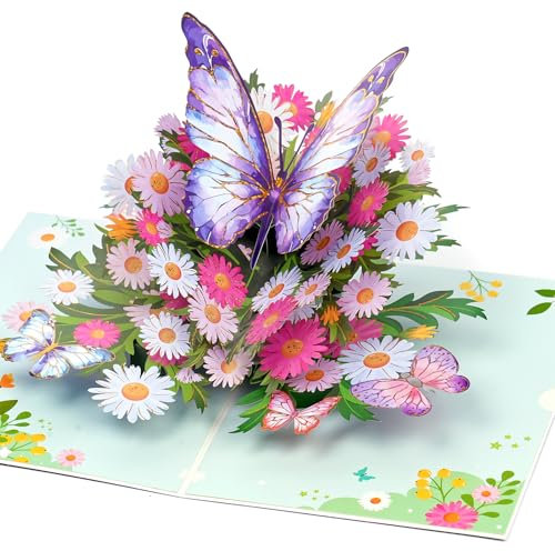 OFFCUP Biglietto Farfalla Pop-Up, Biglietto Pop-Up con Farfalle Sui Fiori, Biglietto Regalo 3D per un Compleanno, Popup Biglietto di Auguri, Biglietto di Auguri Fiore con Busta per Amiche, Madri