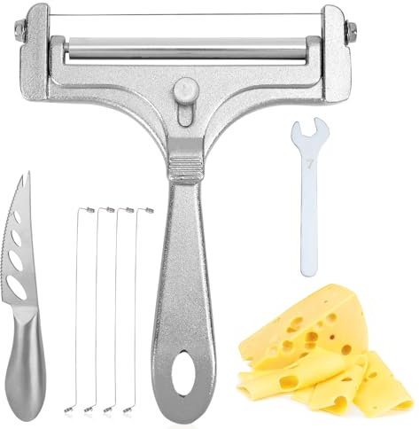 Gosknor 7pcs Cheese Slicer Kit, Durable Stainless Steel Wire Cheese Cutter Handheld with Wire Replacement Wrench Knife Comfortable Handle for Block Butter Adjustable Slicing Kitchen Tools