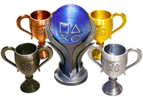 Trofeos de Juegos de PS, Juego de 5 trofeos físicos (Platino/Oro/Plata/Bronce/Secreto) para salón de Juego, Regalo coleccionista, Compatible con Todos los Espacios de Juego