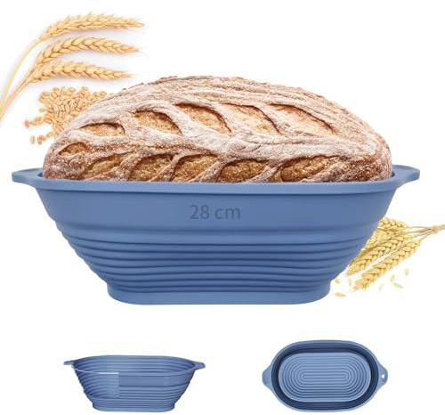 LOULANLUXE Gärkörbchen für Brot, 28cm Gärkorb Oval, Verbesserte Stabilität | Silikon, Faltbarer, Aufhängeloch, Leicht Zu Reinigen, Geeignet für Brotteiggärung, für Sauerteig-Hobbybäcker (Blau)