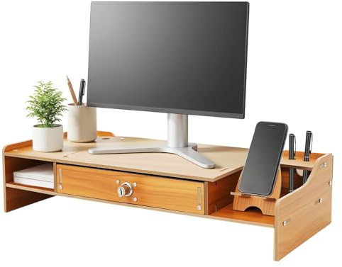 CHIMHOON Supporto per monitor in legno, supporto da scrivania, organizer per monitor con cassetto, supporto per computer portatile, supporto per PC, adatto per casa, scuola