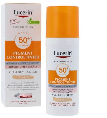 Eucerin Sun Pigment Control FPS 50+ con color tono claro (50 ml), crema facial solar FPS 50+ con filtros UVA/UVB, protección solar antimanchas, crema de sol color para todo tipo de pieles