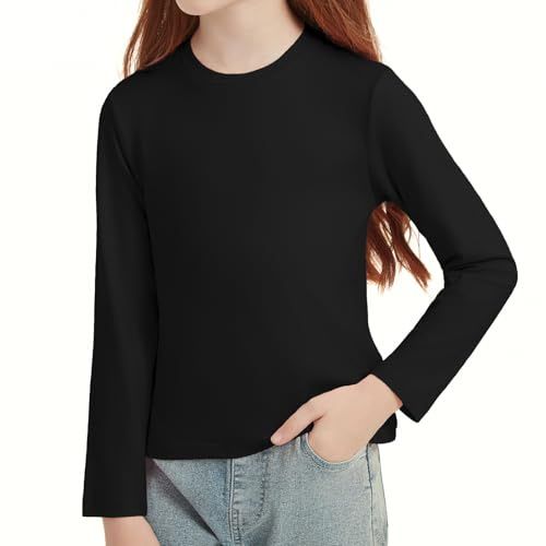 Girls Long Sleeve T-Shirts Soft Basic Crewneck Tees for Kids Everyday Casual Tops Black 150