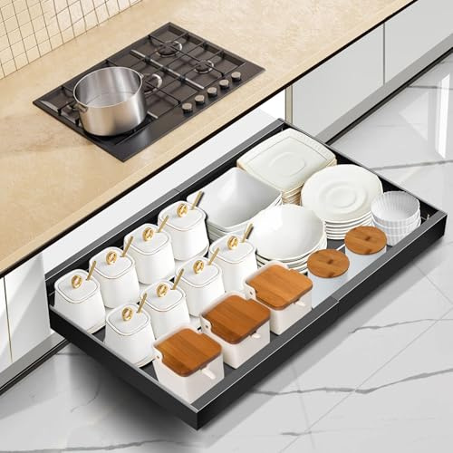 Mimoke Erweiterbarer Ausziehbarer Schrank Organizer, Küchen Teleskopschublade mit Kleber, Aufbewahrung Schubladen Organizer für Küche/Bad (Schwarz, Breite 31–52 cm, Tiefe 42 cm)