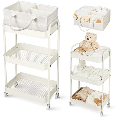 Fortella Nappy Caddy Organizer, 3-Tier Storage Trolley on Wheels, Bedroom Storage Baby Essentials for Newborn Nursery Changing Table, Easy Assembly, Portable Nappy Bag, Bathroom Kitchen Trolley(Beige)