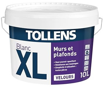 Tollens Peinture Professionnelle Blanche Velours - Spécial Séjours et Chambres XL Velours - Pour Murs et Plafonds - 10L = 120m2