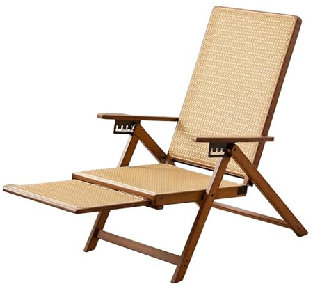 Faltbare Rattan-Chaiselongue, Liegender Bambus-Gartenstühle mit Ausziehbarer Fußstütze und Armlehnen für den Außenbereich, Balkon, Wohnzimmer, Freizeit(Brown)