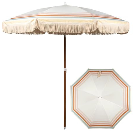 Ombrellone portatile regolabile da 220 cm, baldacchino da spiaggia con pompon, parasole per esterni per balcone e prato, protezione solare impermeabile, ideale per giardino e terrazza