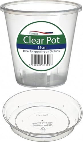 Home Fittings® Clear Orchid Pot 11cm with Saucer Plastic Flower Plant For Optimal Growth See Through Tub