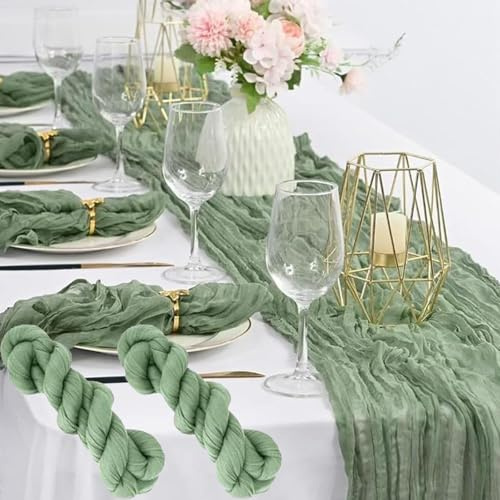 2 Stück Tischläufer, Grün Musselin Dekostoff 300 x 90cm Chiffon Tischläufe Hochzeit Salbeigrün Stoff Tüll Seihtuch Tischläufer Hellgrün Boho Table Runner Tischdeko Gaze Rustikal Waschbar